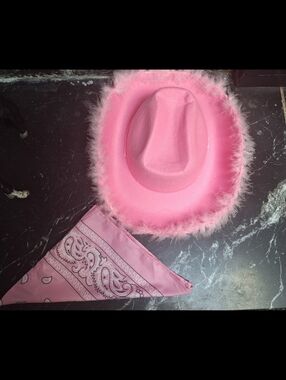 Pink Feather Trim Cowgirl Hat with Pink Bandana